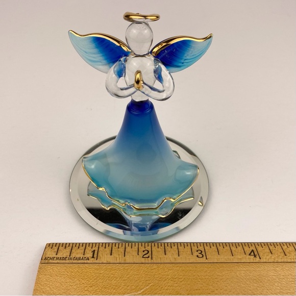 Hand Blown Blue Glass Angel 4 inch Gold Trim on Mirror Praying Hands - Picture 6 of 6